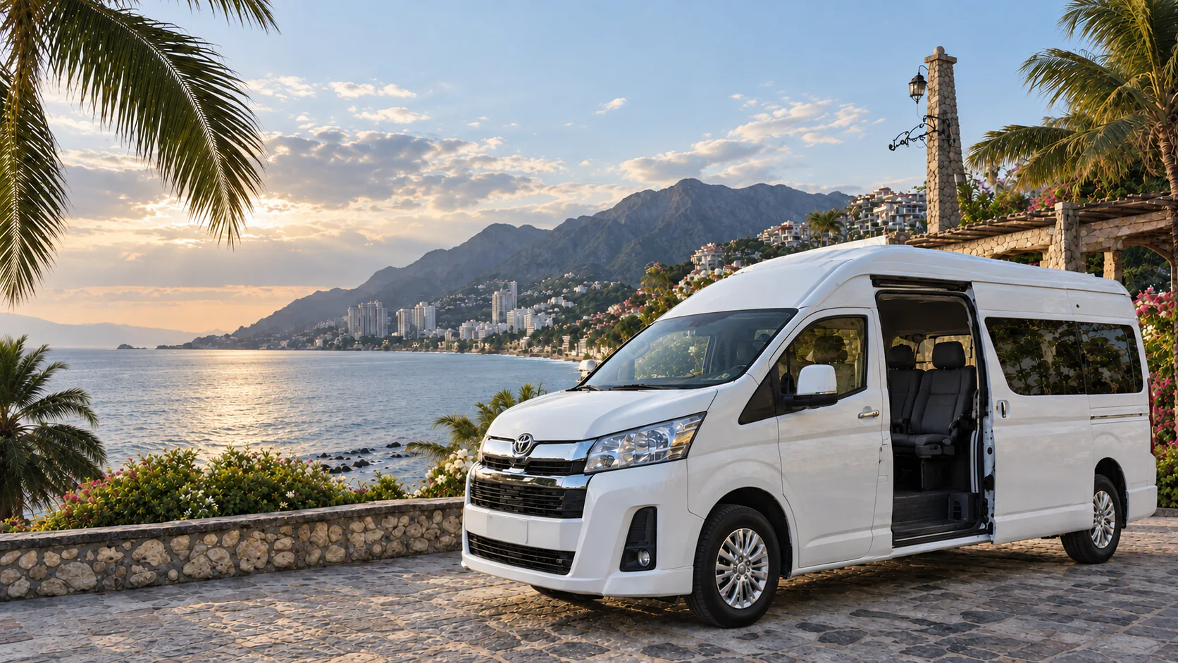 White passenger van with its sliding door open, overlooking the bay at sunset