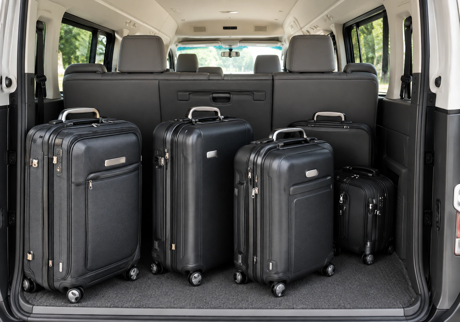 Suitcases in the back of a van; capacity is confirmed with the quote