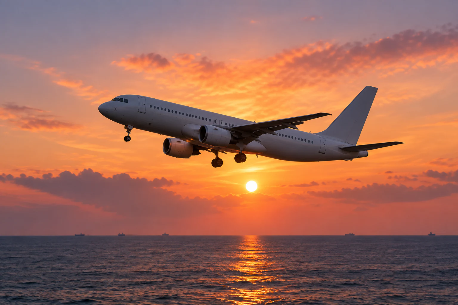 Airplane climbing over the sea at sunset